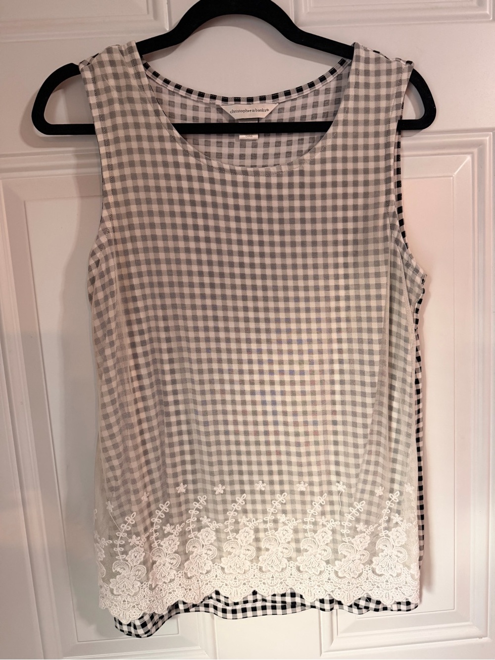 Christopher & Banks Gray and White Gingham Sleeveless Lace-Hem Top